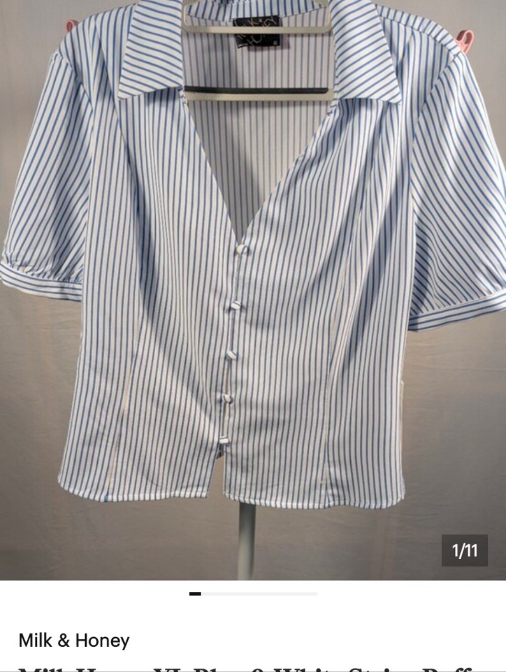 Milk Honey XL Blue & White Stripe Puff Sleeve Button Front Blouse NWT - Picture 12 of 12